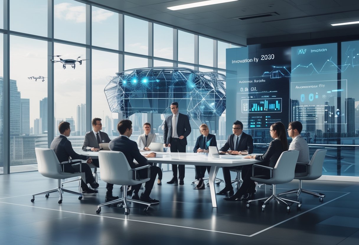A group of professionals collaborating around a table with digital screens showing autonomous vehicle technology and a futuristic city with autonomous cars visible through large windows.