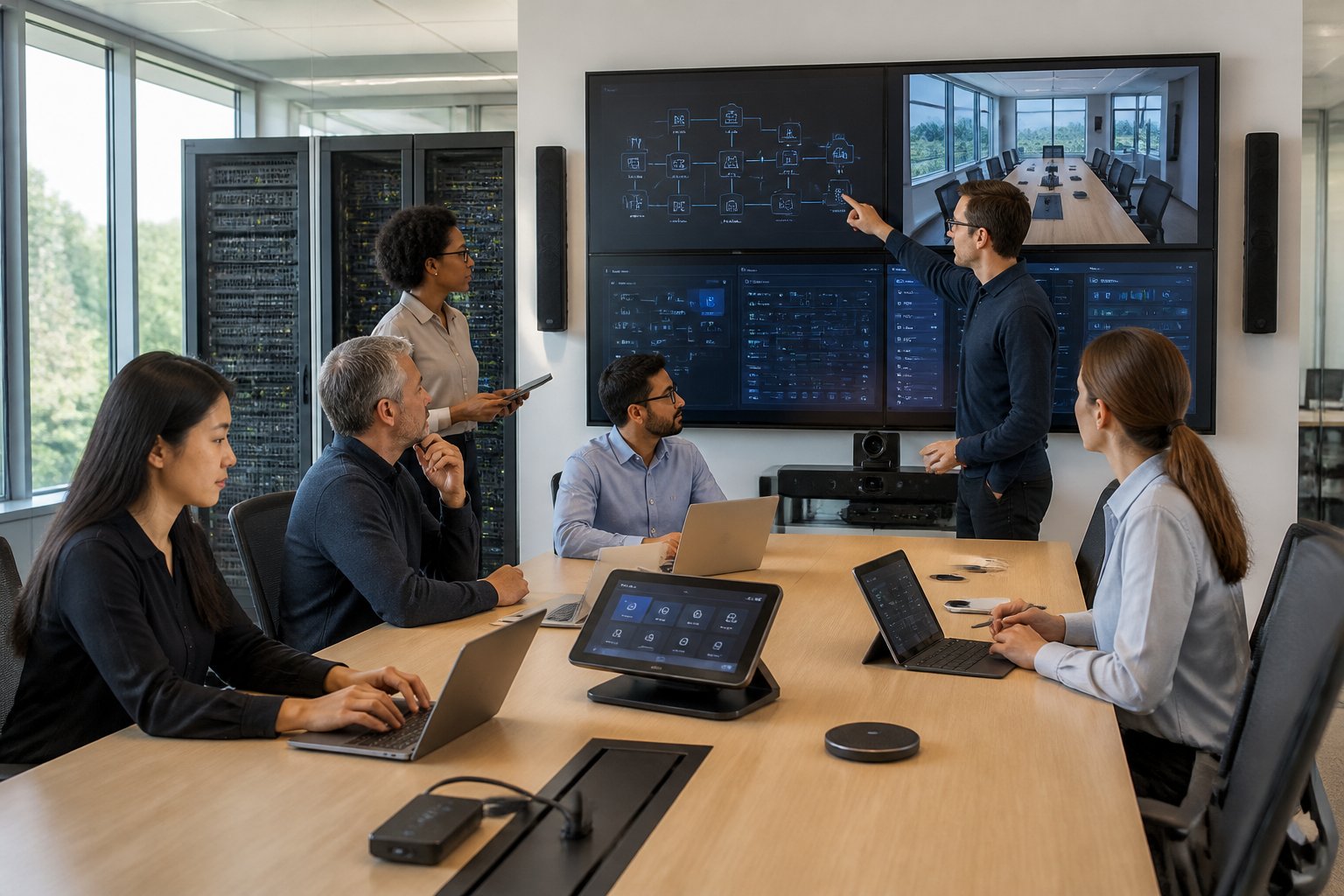 A group of professionals collaborating around a conference table with laptops and digital displays showing network and audiovisual equipment in a modern office.