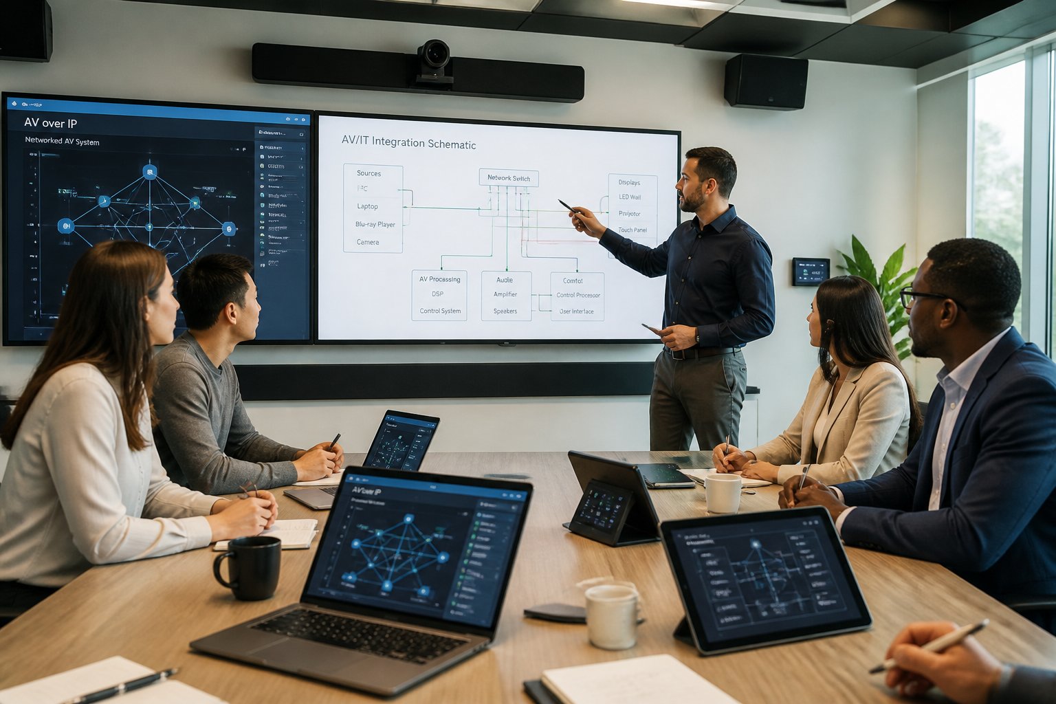 A group of business professionals collaborating around a conference table with digital devices and large interactive screens displaying network diagrams in a modern office setting.