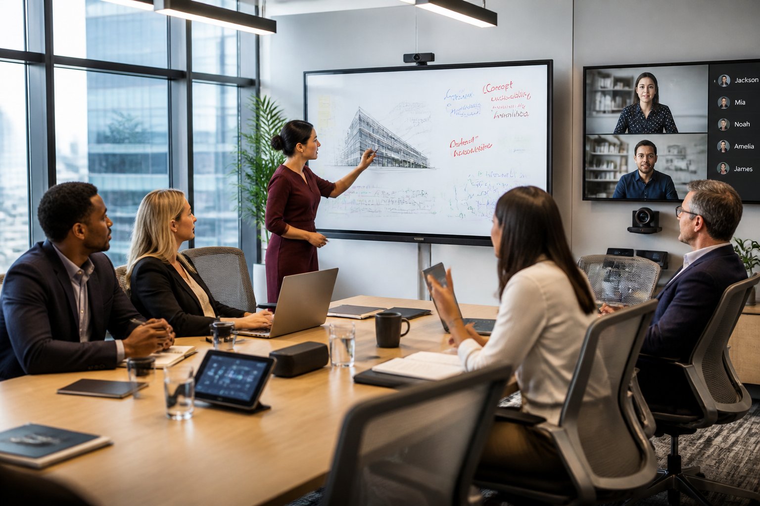 A group of professionals collaborating around a large touchscreen and video conferencing system in a modern conference room.