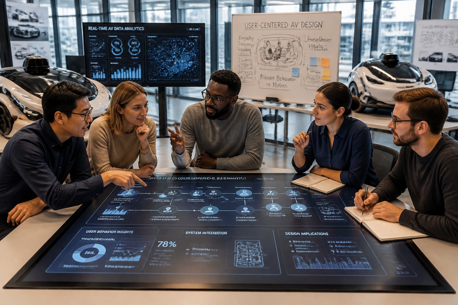 A diverse team of engineers and designers discussing user behavior data and system designs around a digital touchscreen table in a modern office.