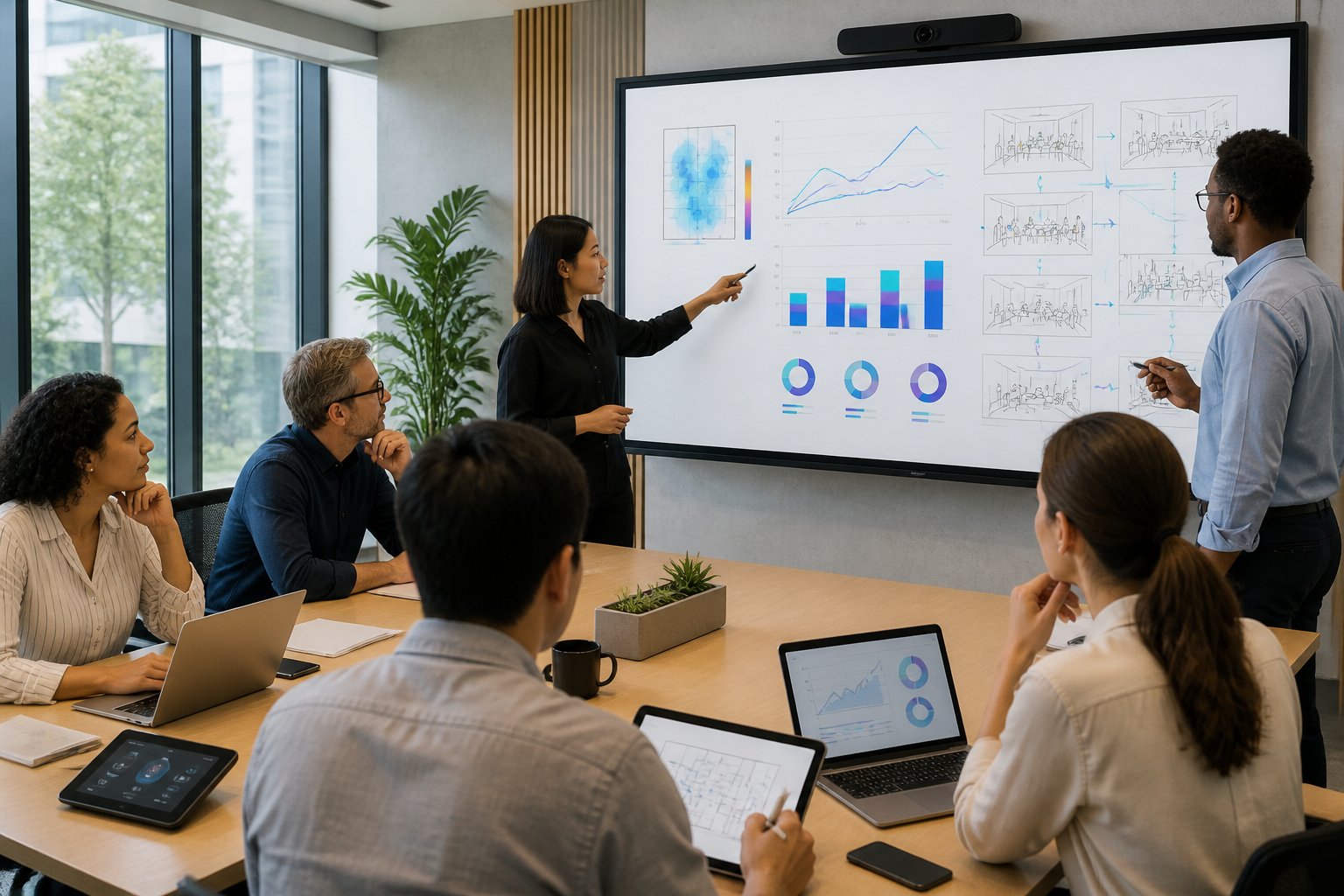 A group of professionals collaborating around a table with a digital whiteboard showing charts and diagrams about user behavior in AV planning.