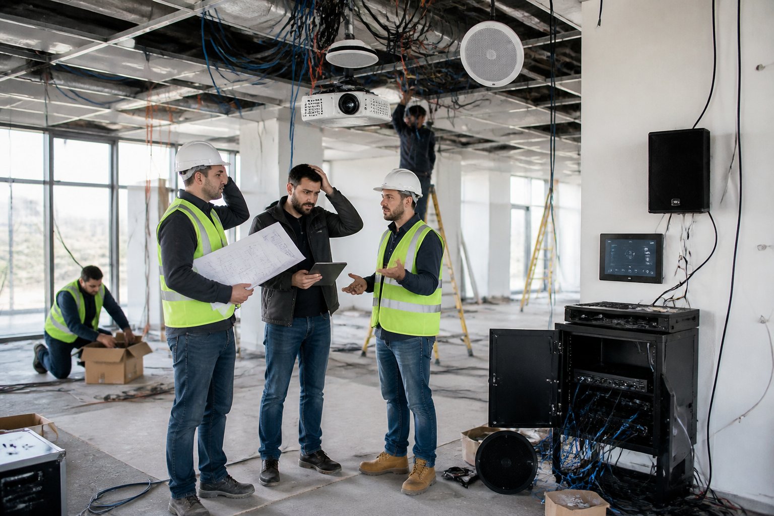 A partially completed office interior with exposed ceilings and scattered audiovisual equipment, showing workers discussing plans amid visible wiring and unfinished installations.