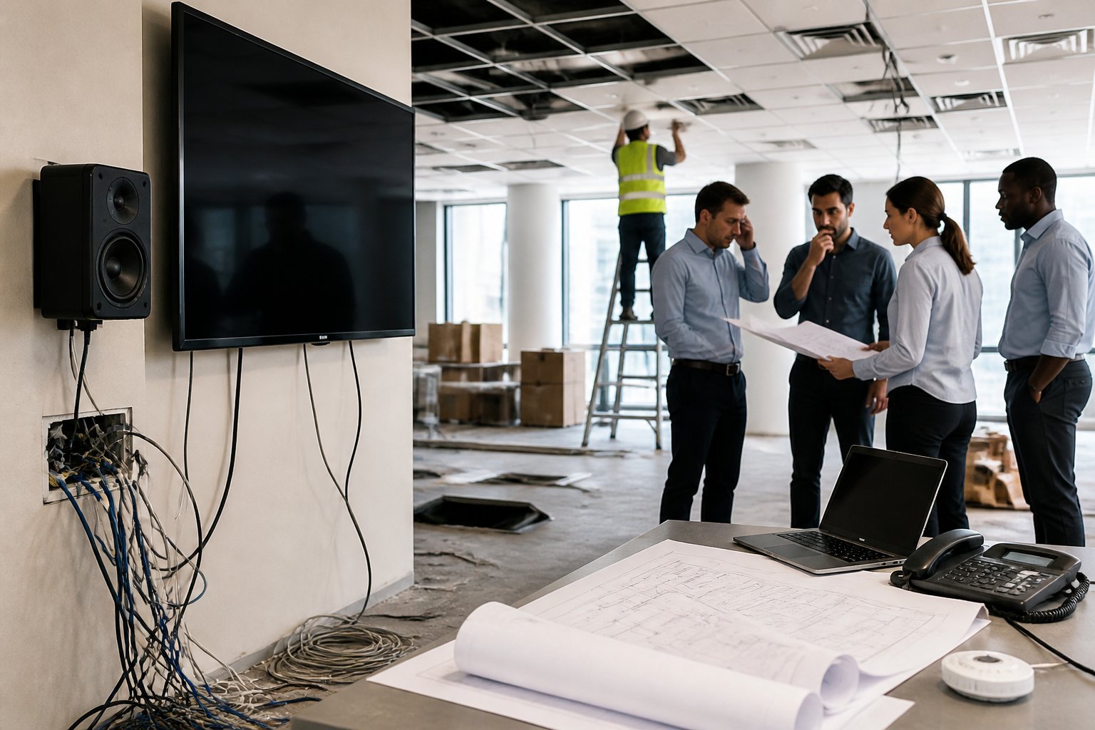 A modern office space under construction with AV equipment and wiring disorganized, and professionals discussing plans nearby.