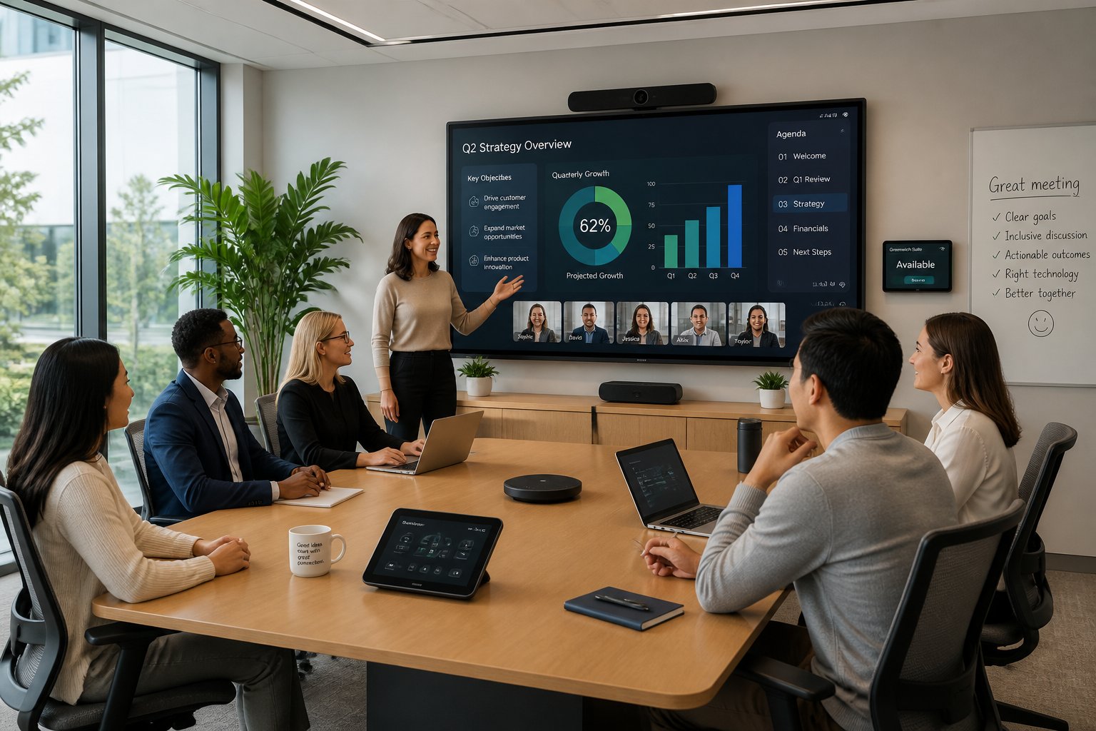A group of diverse professionals collaborating around a conference table in a modern meeting room equipped with advanced technology.