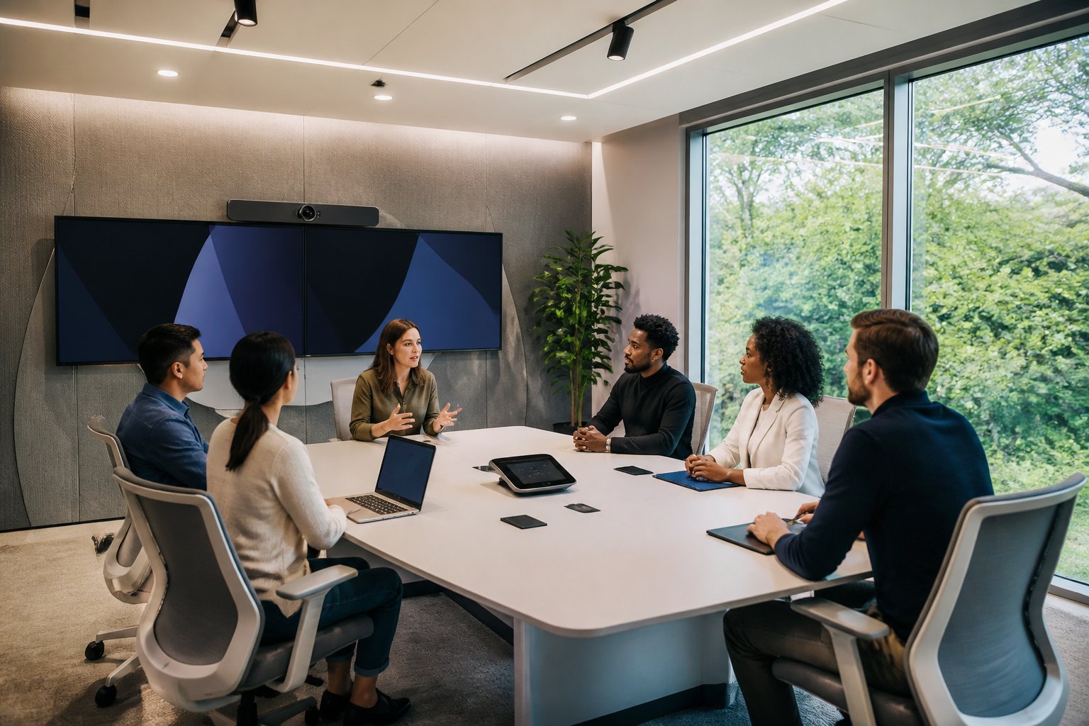A group of professionals collaborating around a conference table in a modern meeting room equipped with advanced technology and natural lighting.