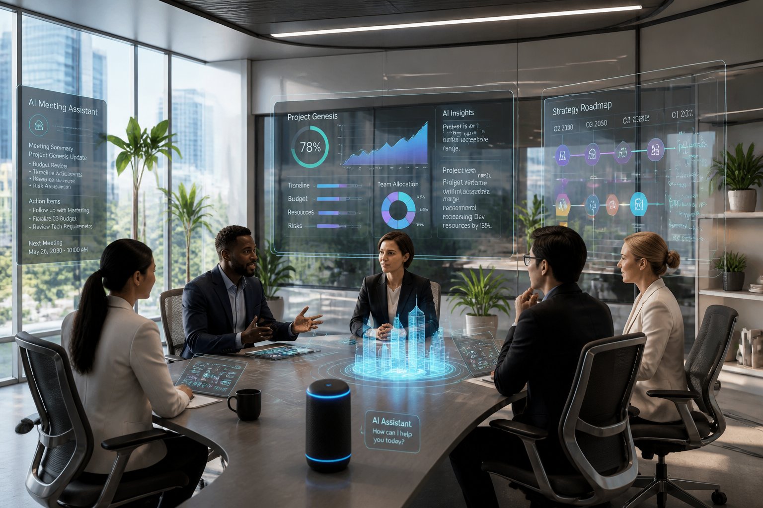 A group of professionals collaborating around a conference table in a modern meeting room with advanced technology and digital displays.