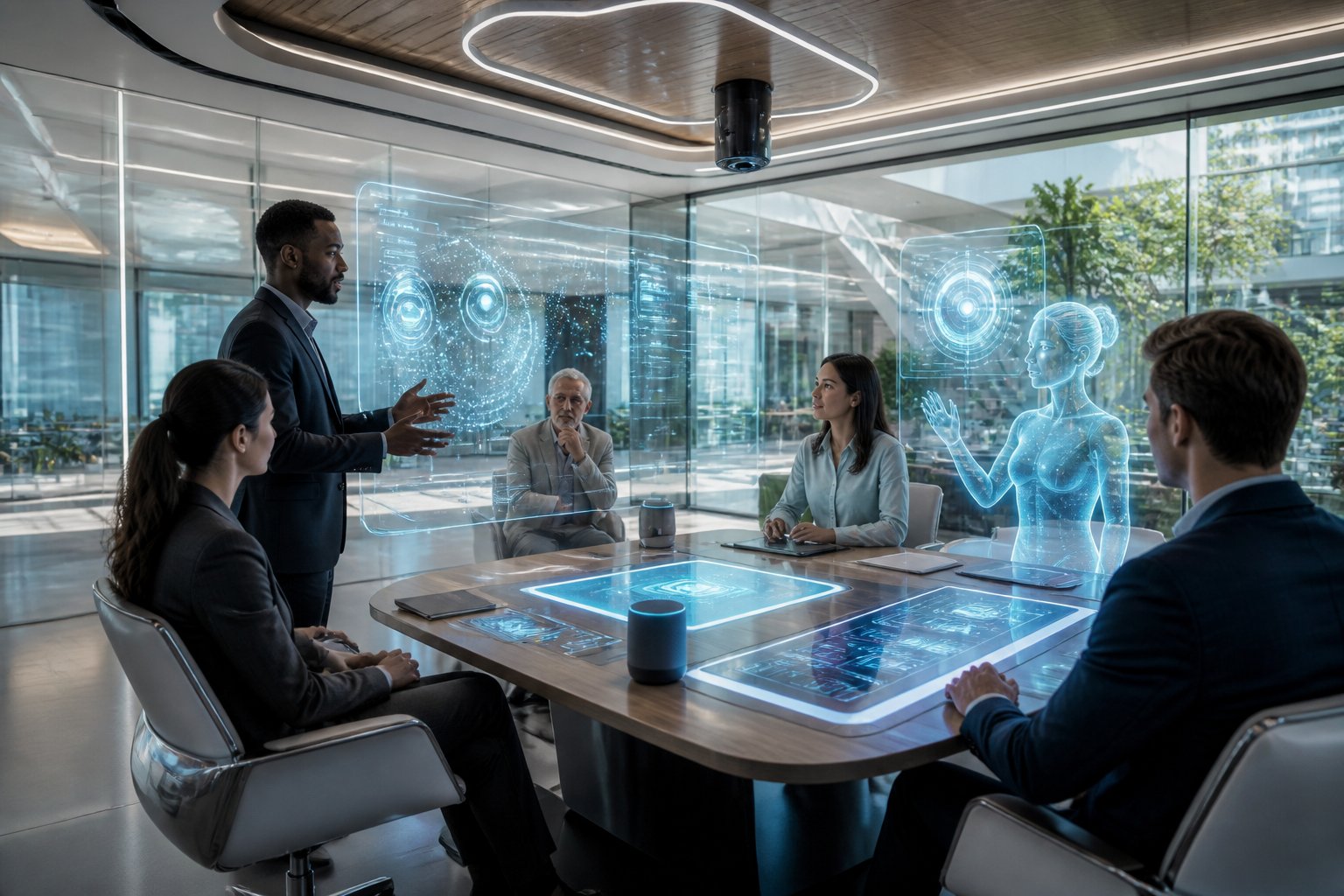 A diverse group of professionals having a meeting in a bright, modern room with futuristic digital displays and AI-powered devices around them.