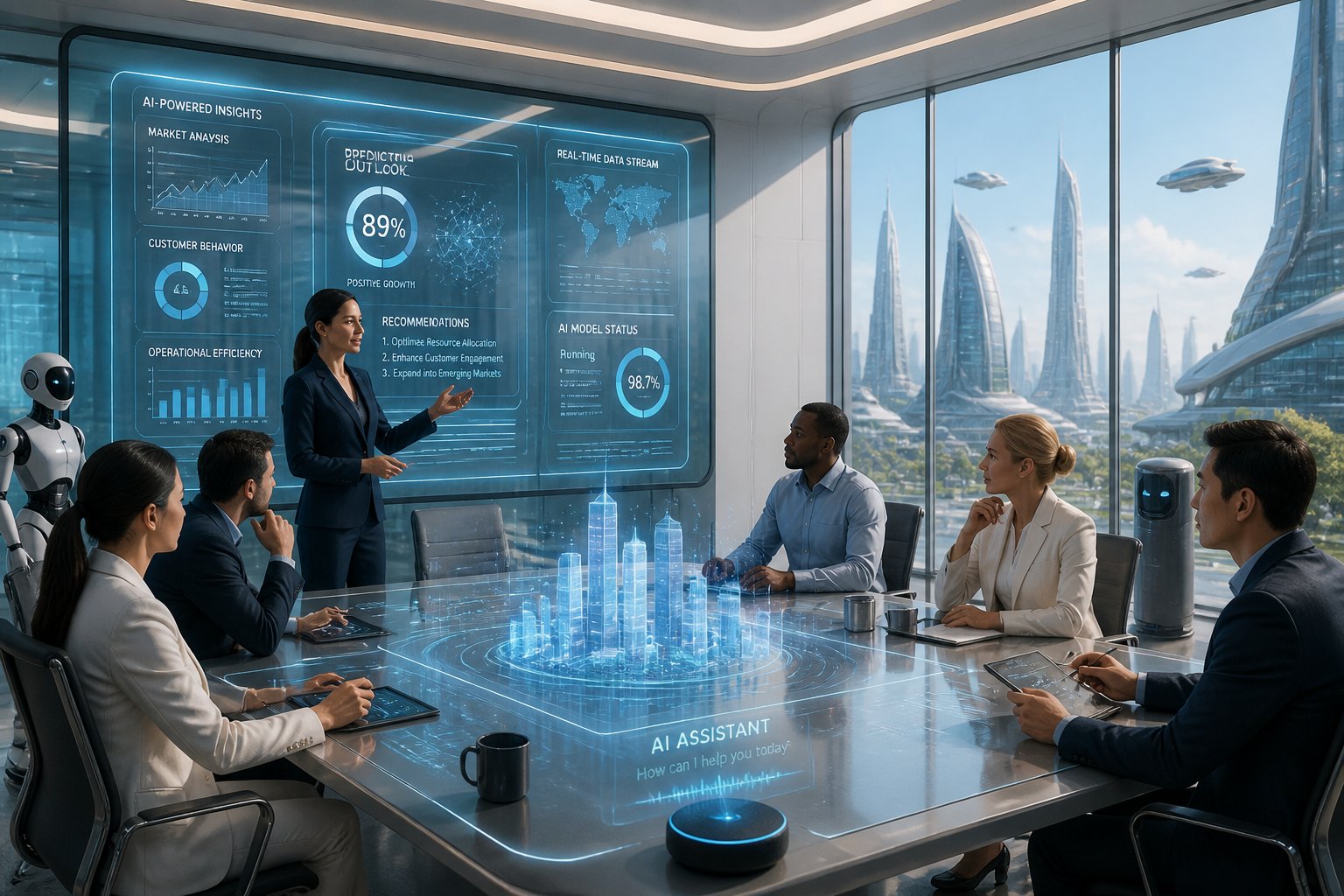 A group of professionals in a modern meeting room using advanced digital screens and holograms for collaboration.