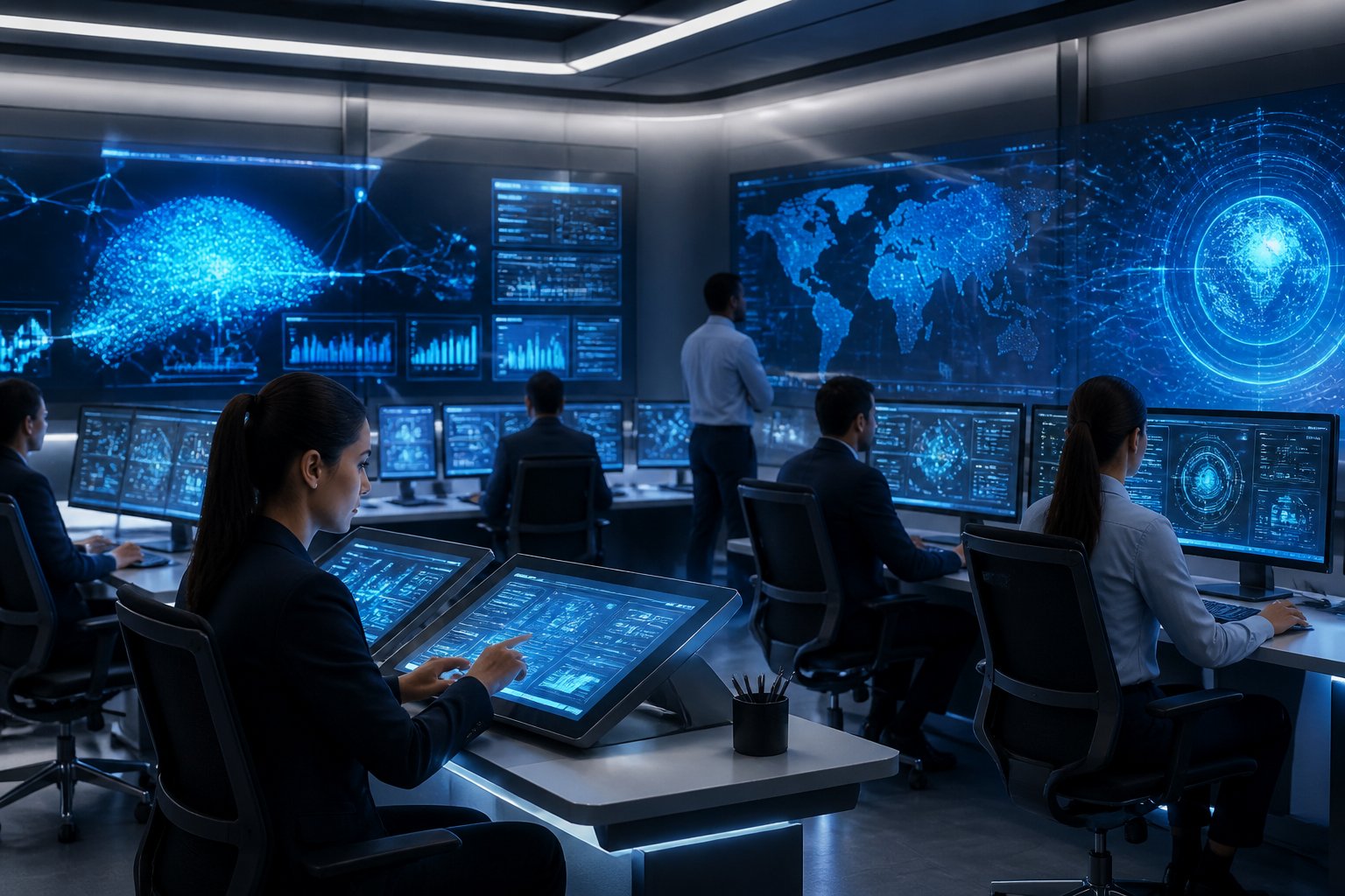 A modern control room with operators working at digital screens displaying data and AI visuals.