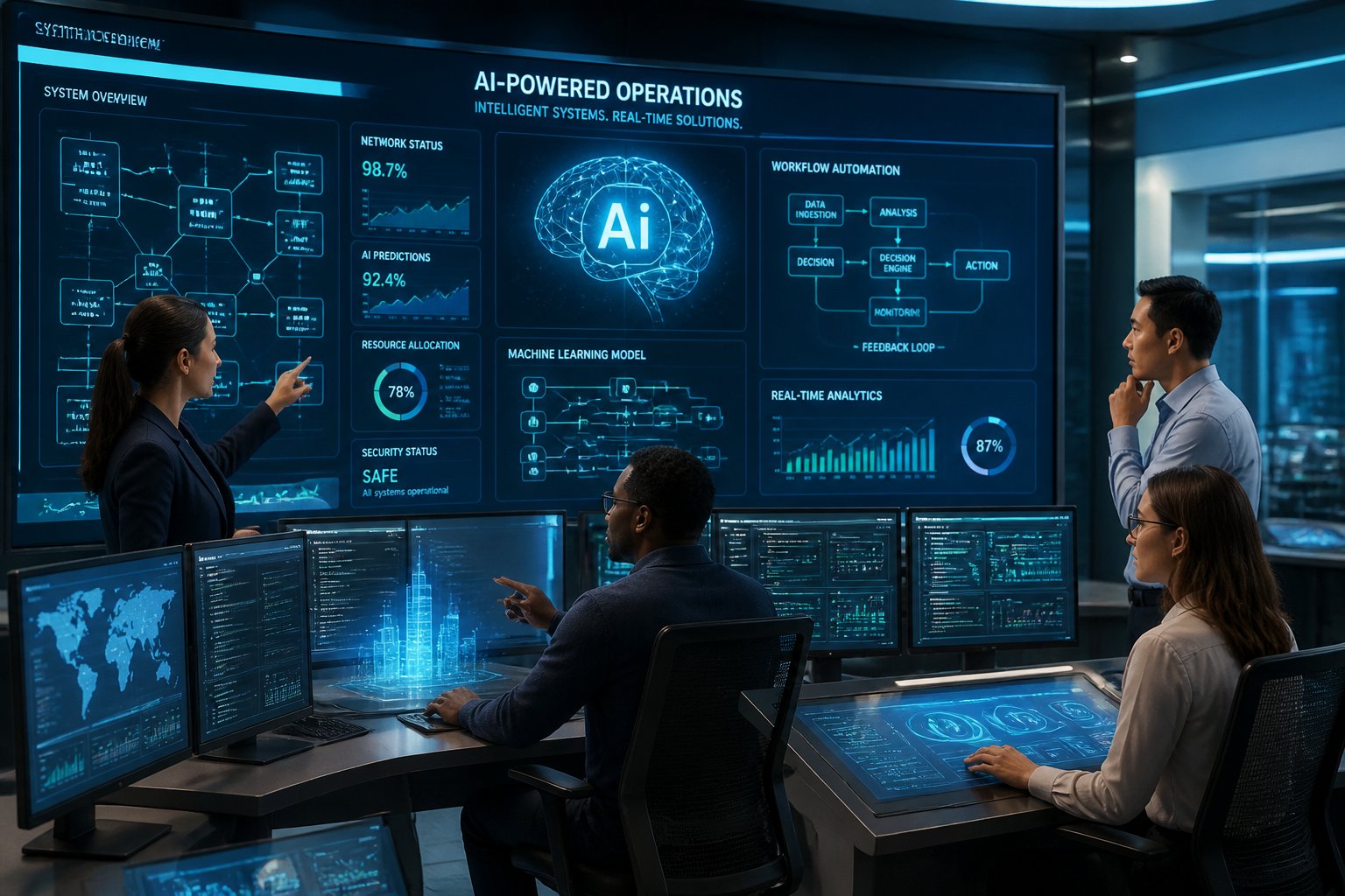 A team of operators working together in a high-tech control room with multiple large screens showing data and analytics.
