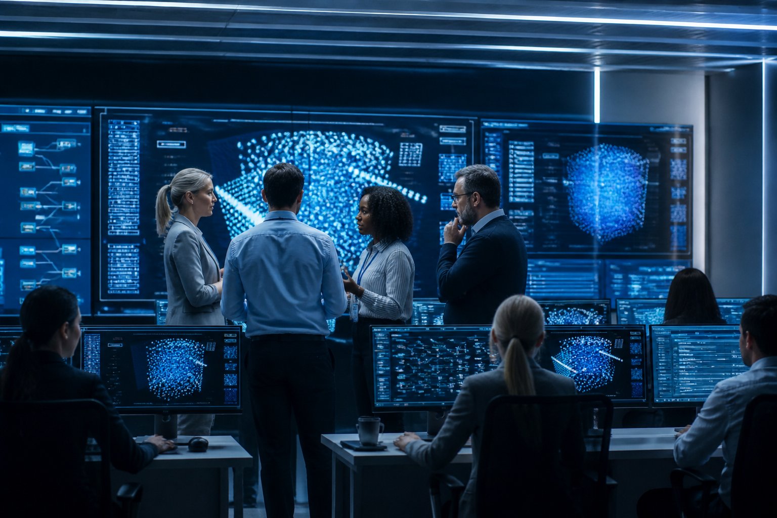 A diverse team of professionals working together in a modern control room with multiple large digital screens displaying data and AI-related visuals.