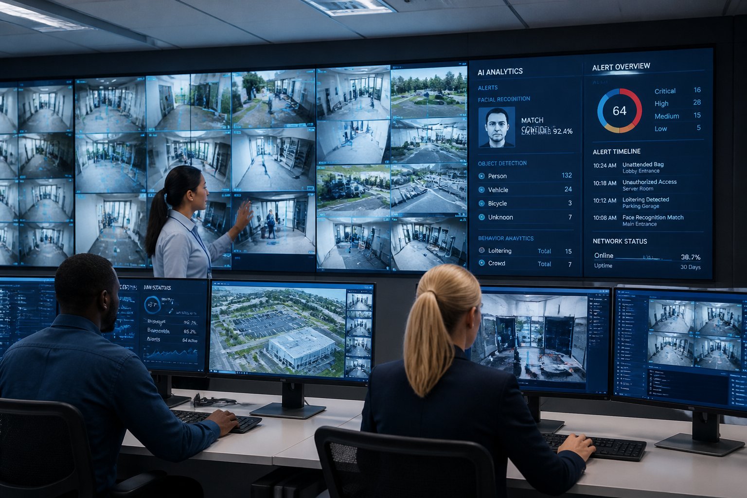 A team of security professionals monitoring multiple video screens with real-time feeds and data in a corporate security control room.