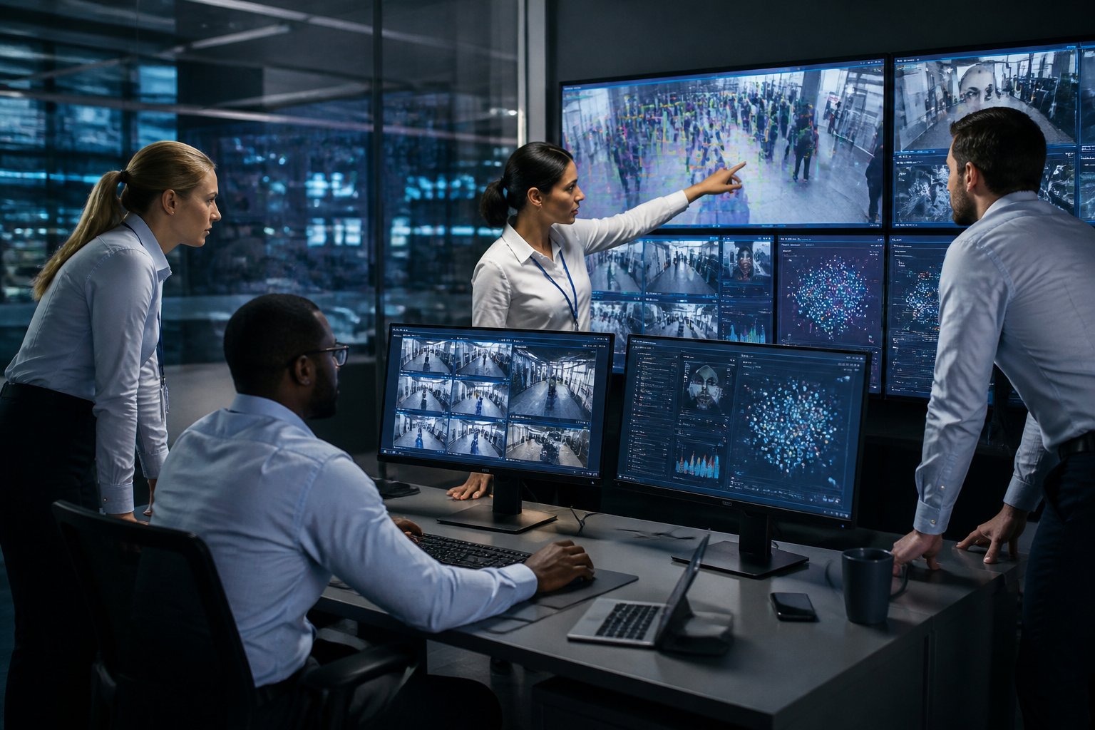 A team of security professionals monitoring multiple screens showing AI video analytics in a corporate security control room.