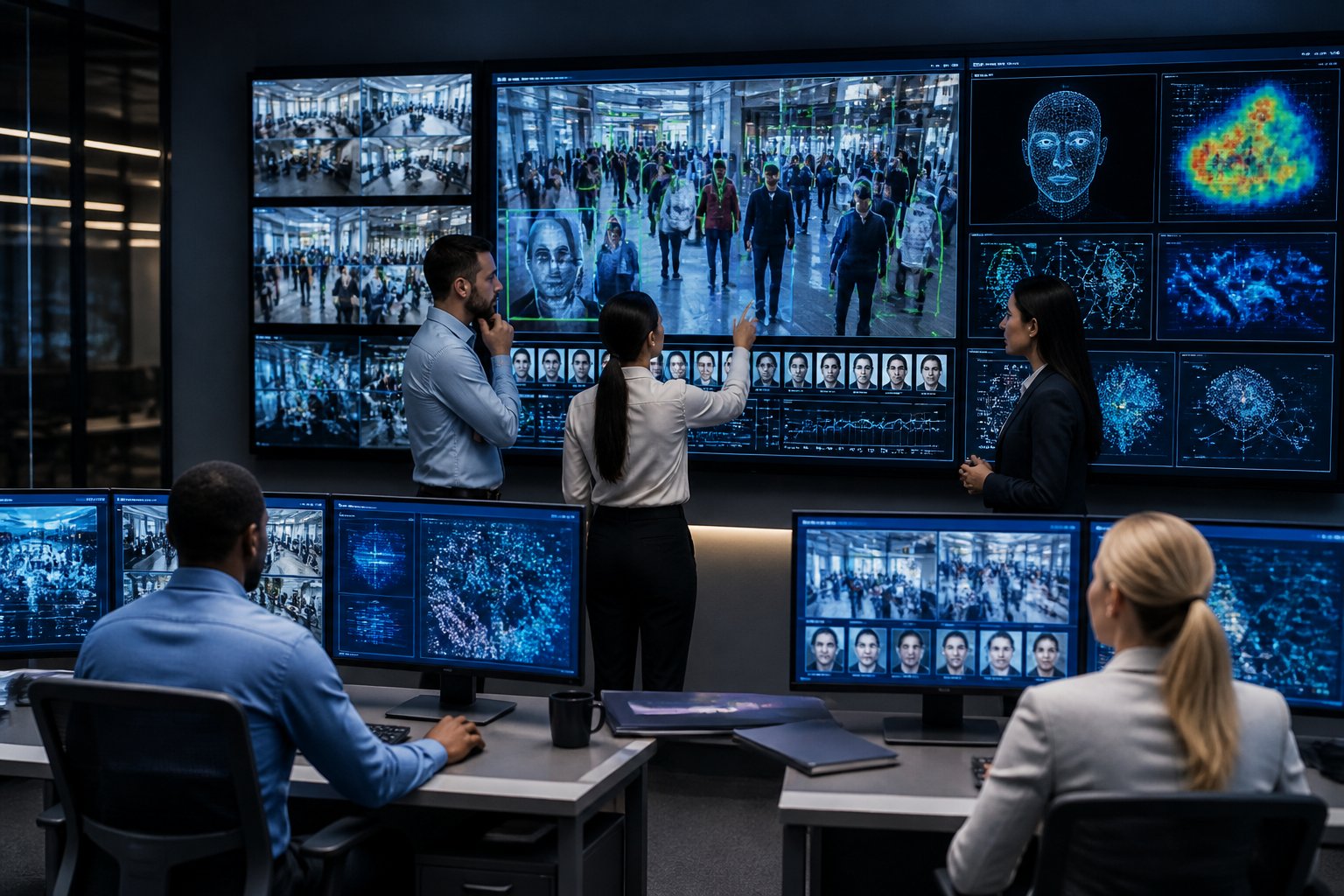 Security professionals monitoring multiple digital screens with AI video analytics in a corporate control room.