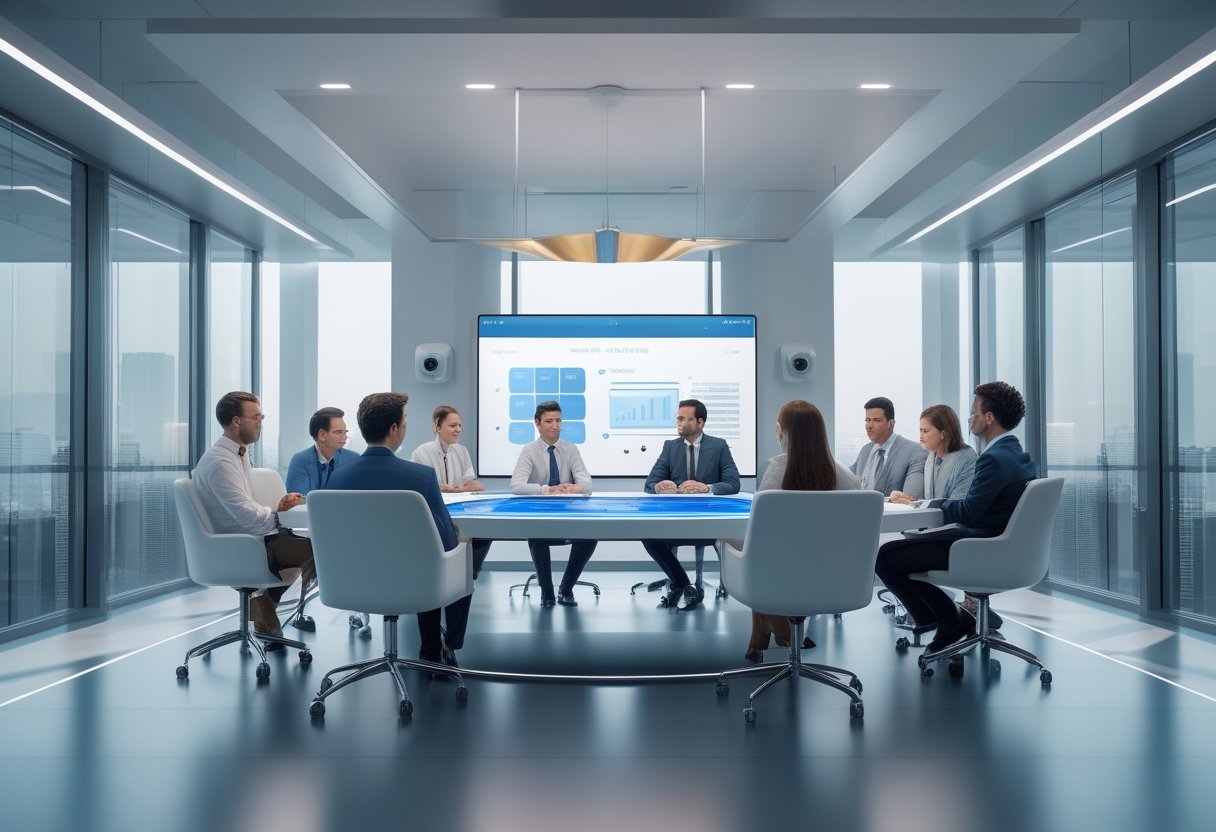 A modern meeting room with professionals around a digital touchscreen table, surrounded by smart devices and large windows showing a cityscape.
