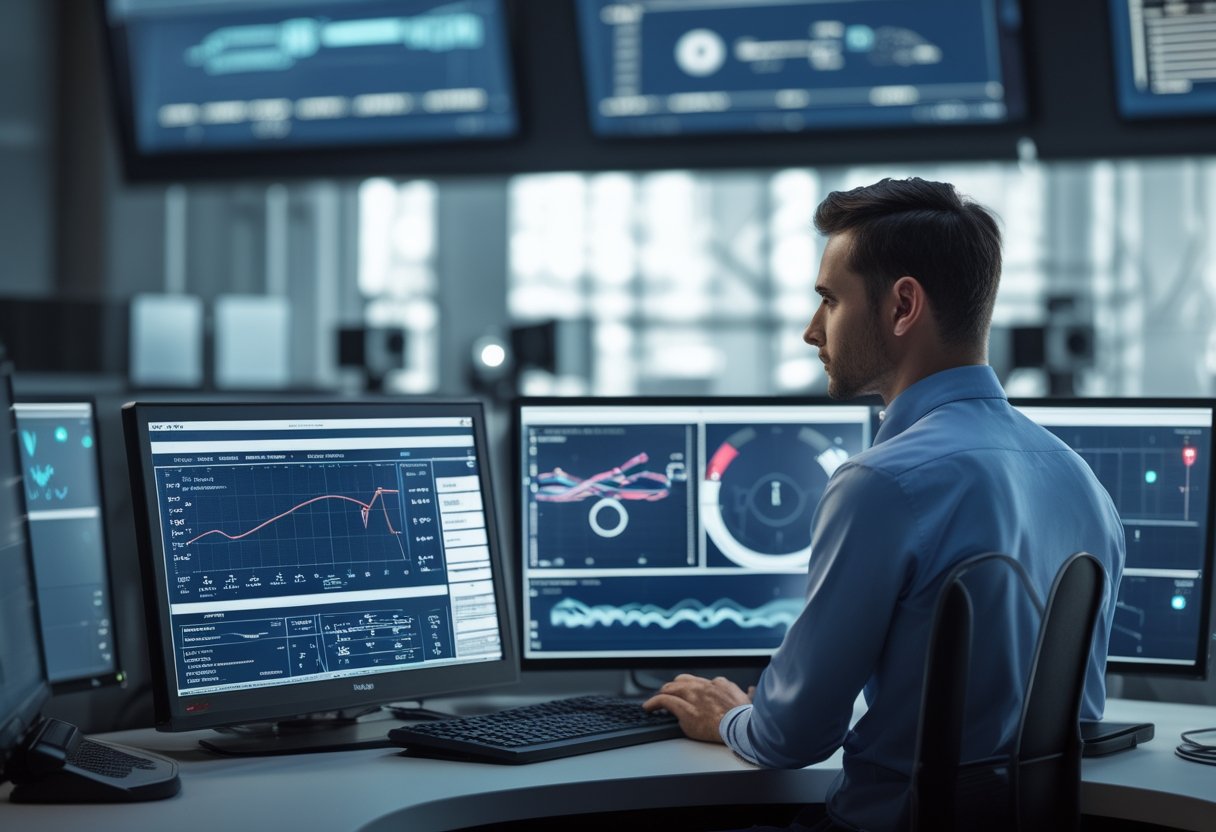 A technician monitoring multiple screens showing audiovisual system diagnostics in a modern control room.