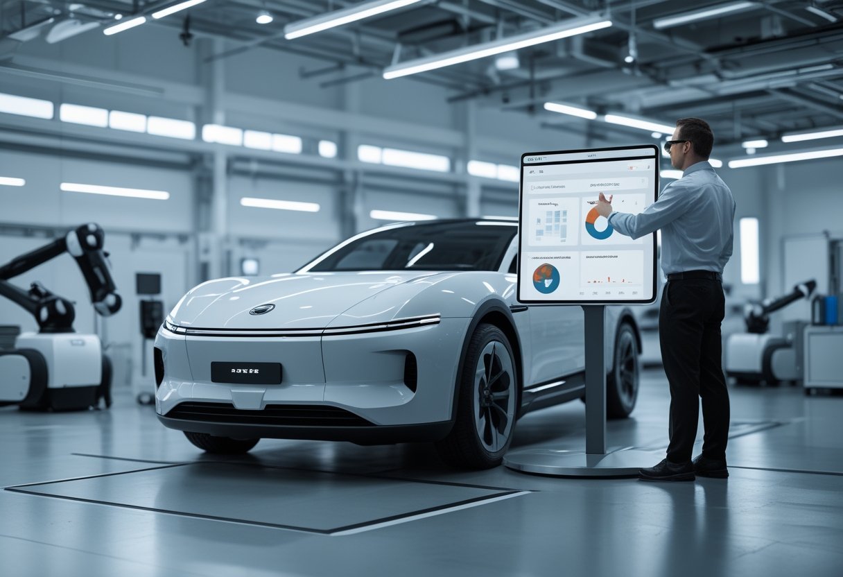 A technician uses a transparent digital touchscreen to monitor an autonomous vehicle in a modern maintenance workshop equipped with advanced diagnostic tools.