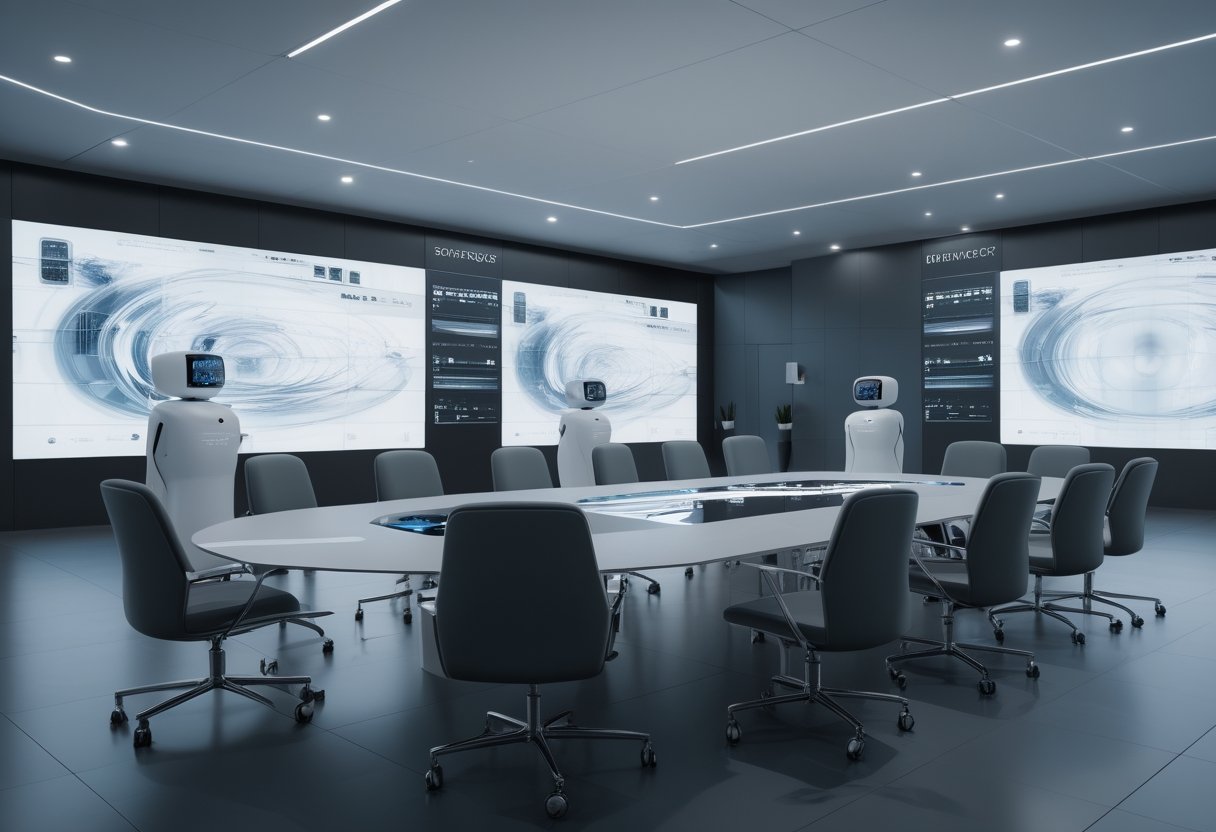 A modern meeting room with a conference table, chairs, large digital screens, and integrated robotic devices.