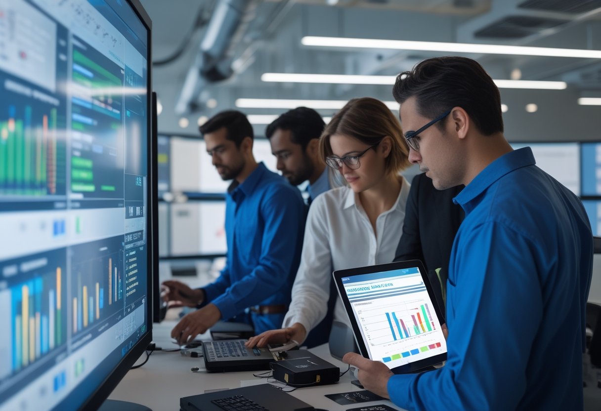Engineers and technicians working together around audiovisual equipment and digital devices in a modern control room.