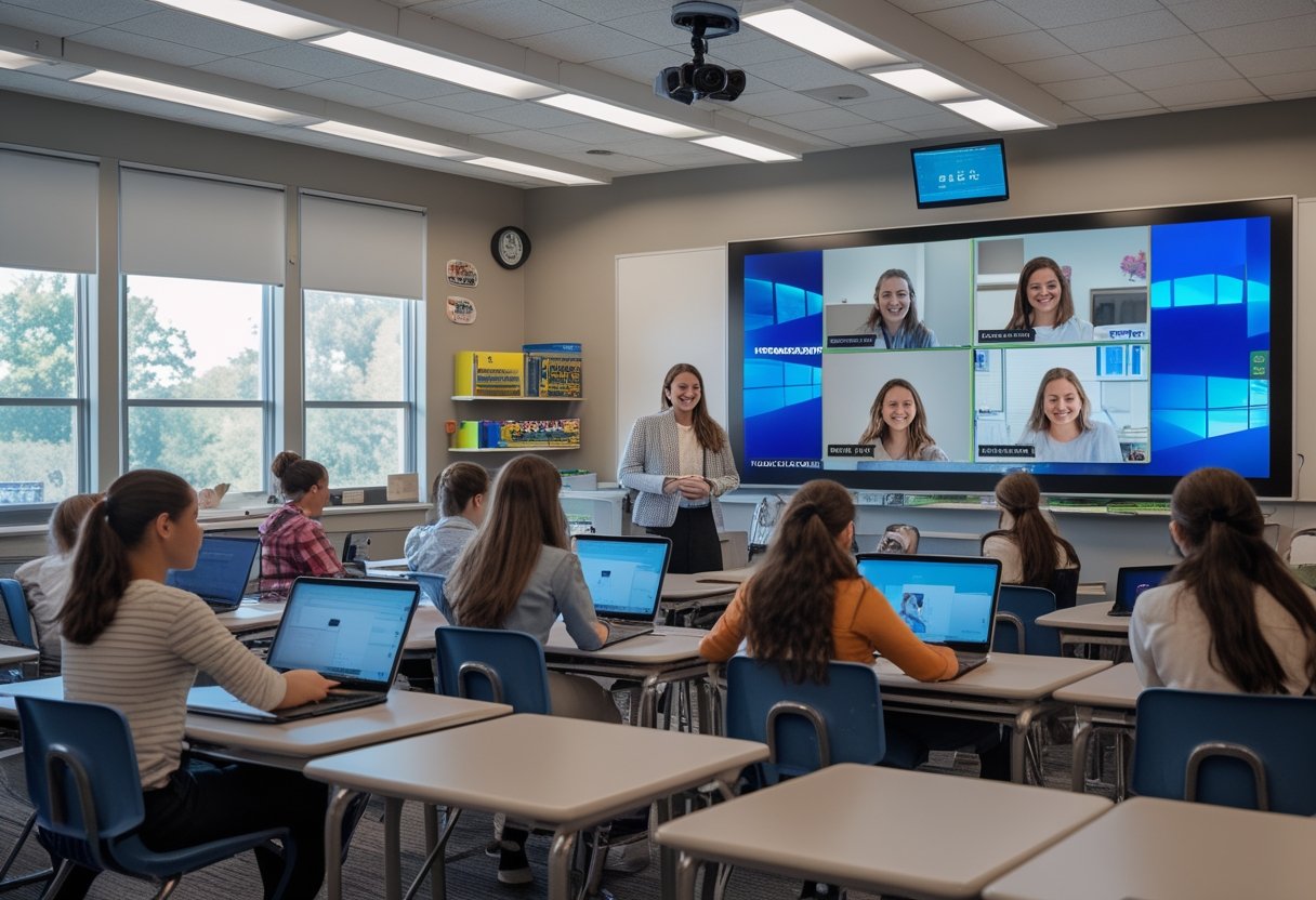 A teacher in a classroom with students using laptops and a large screen showing remote students in a video call.