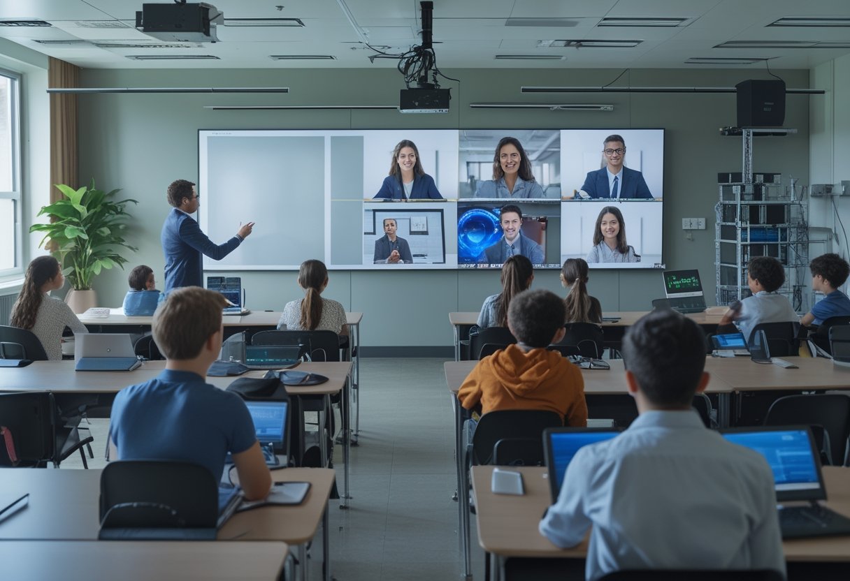 A teacher interacts with students in a classroom where some attend in person and others join via video screens, with visible technology equipment supporting hybrid learning.