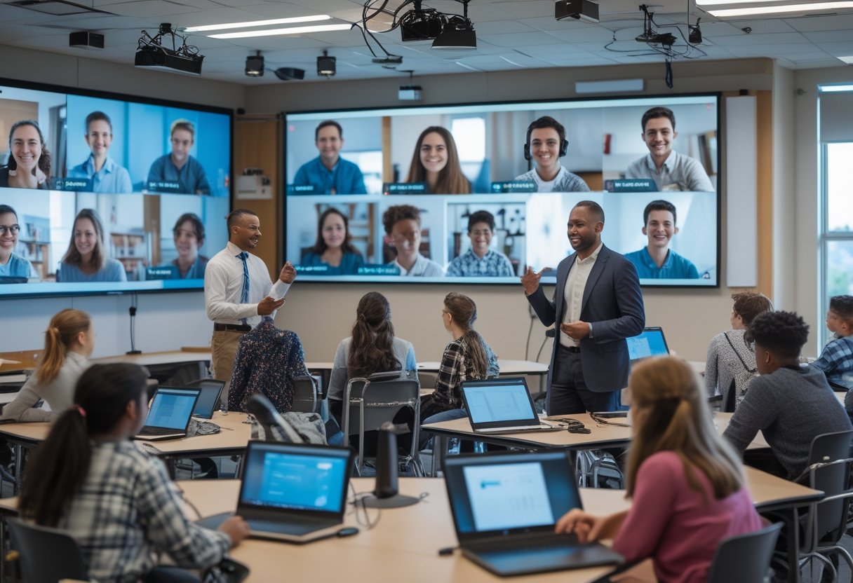 A teacher and diverse students in a classroom using technology to connect with remote learners during a hybrid lesson.