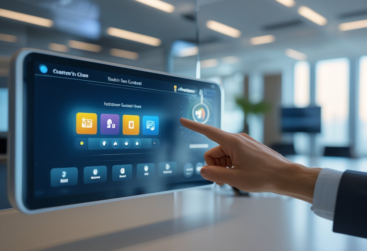Sebuah ruang konferensi modern dengan peralatan audiovisual canggih dan tangan yang mengoperasikan panel kontrol layar sentuh pintar.