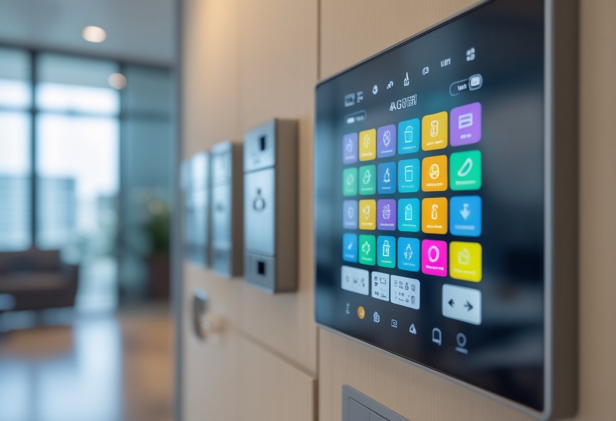Sebuah ruangan modern yang menampilkan panel kontrol fisik dengan tombol dan panel sentuh cerdas yang menunjukkan evolusi sistem kontrol.