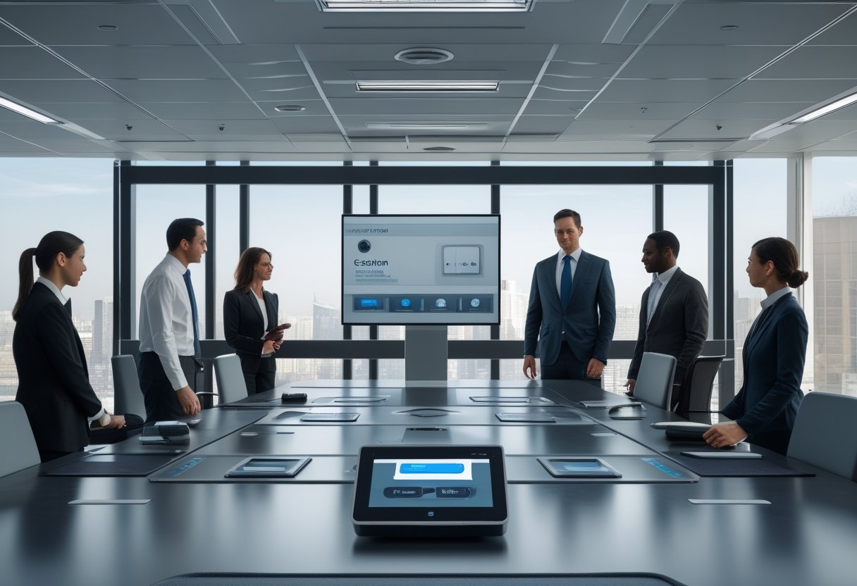 Ruang konferensi modern dengan profesional yang sedang berdiskusi menggunakan layar sentuh digital di lingkungan pemerintahan dan perusahaan besar.