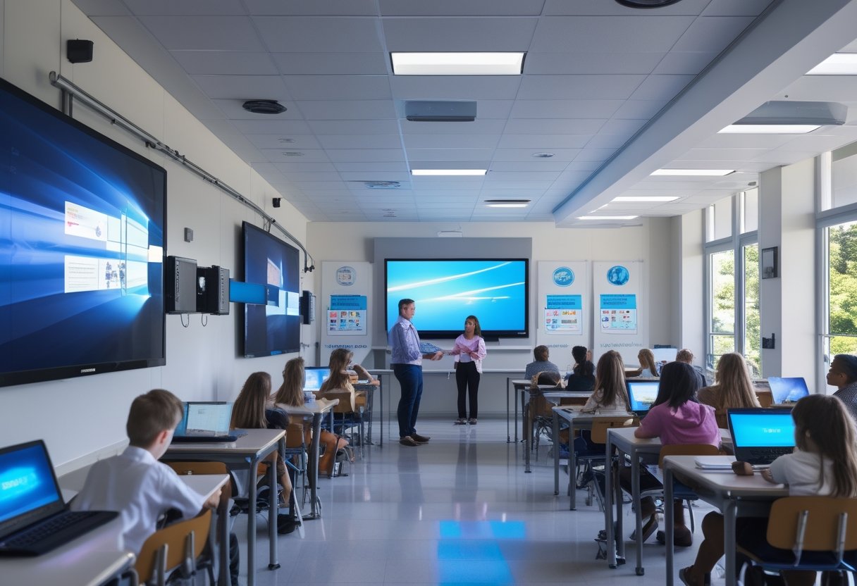 Suasana ruang kelas modern dengan teknologi audiovisual canggih, siswa dan guru menggunakan perangkat digital untuk pembelajaran interaktif.