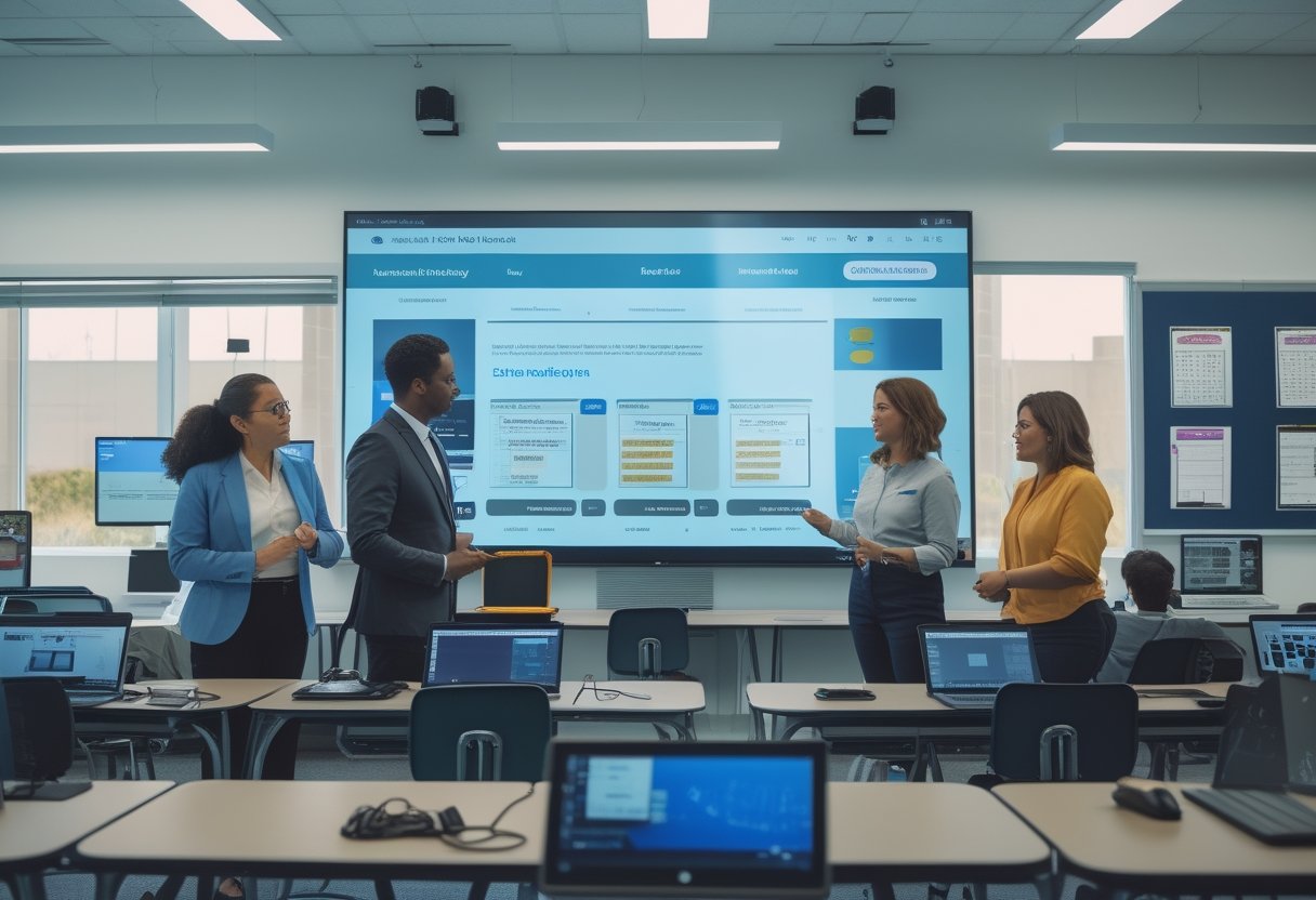 Sekelompok guru dan administrator sekolah berdiskusi di ruang kelas digital dengan layar sentuh interaktif dan peralatan teknologi canggih.