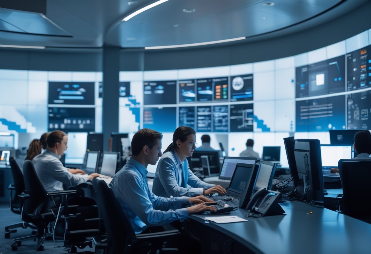 Sejumlah profesional bekerja bersama di ruang command center dengan layar besar menampilkan data visual yang kompleks.