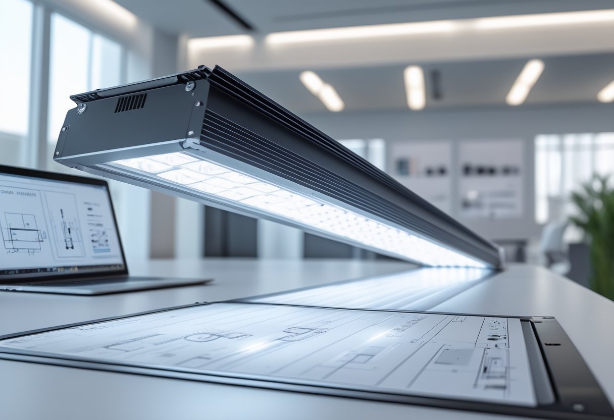 Panel lampu LED COB modern yang menyala di ruang kantor dengan peralatan teknologi di sekitar.