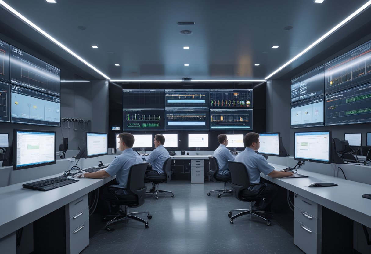 Pusat kendali modern dengan beberapa layar LED besar menampilkan visualisasi data, operator bekerja di stasiun komputer dalam lingkungan yang rapi dan terorganisir.