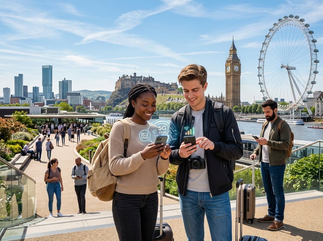 Tourists using smartphones near iconic UK landmarks including the London Eye, Edinburgh Castle, and Manchester skyline on a clear day.