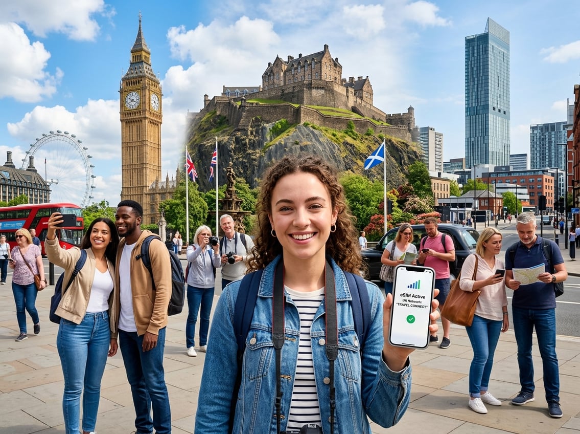Tourists using a smartphone with UK landmarks of London, Edinburgh, and Manchester in the background during the day.
