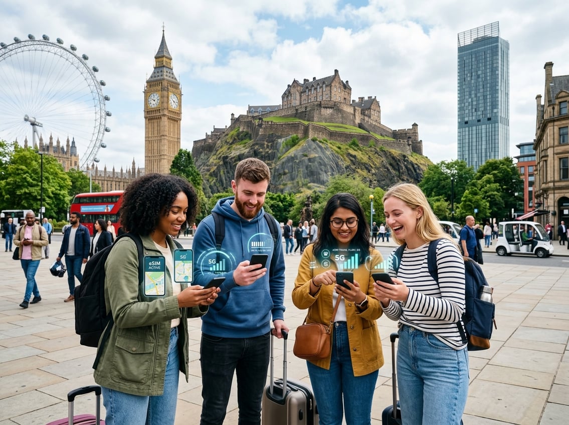 Tourists using smartphones with eSIMs in front of landmarks from London, Edinburgh, and Manchester.