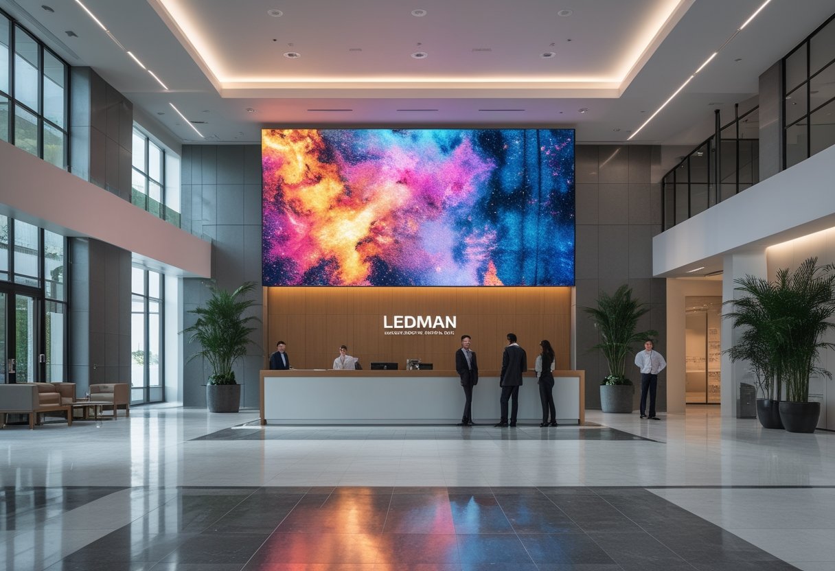 Area penerima tamu perusahaan modern dengan layar LED besar yang menampilkan visual warna-warni, meja resepsionis, dan orang-orang berpakaian bisnis yang berinteraksi.