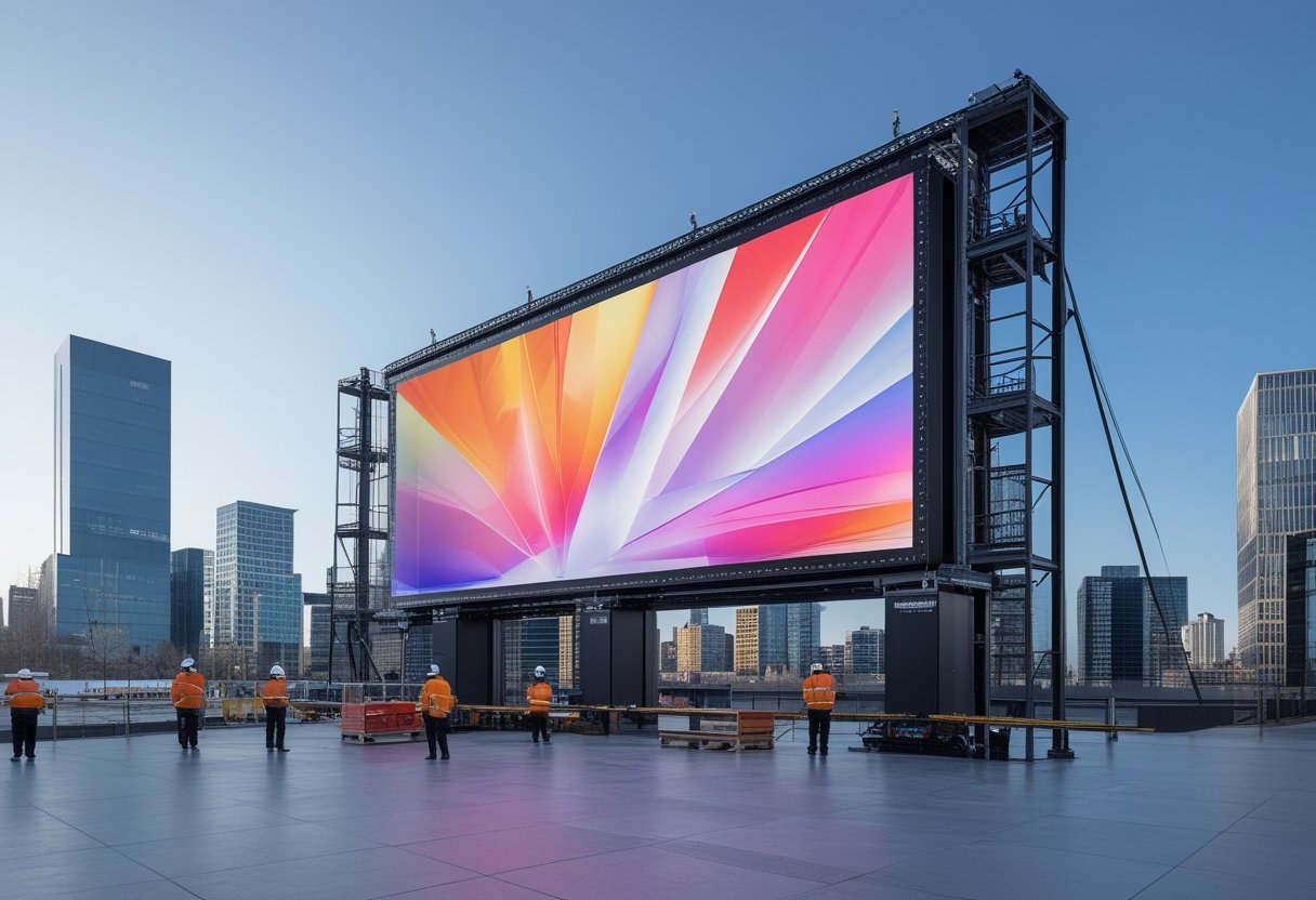 Teknisi sedang memeriksa layar videotron besar di lingkungan perkotaan dengan gedung-gedung modern di latar belakang.