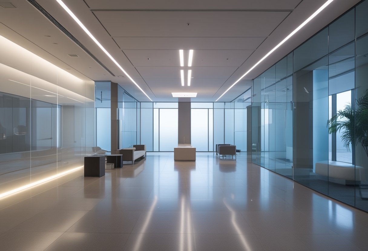 Lobi perusahaan modern dengan pencahayaan LED yang terang dan desain interior minimalis.