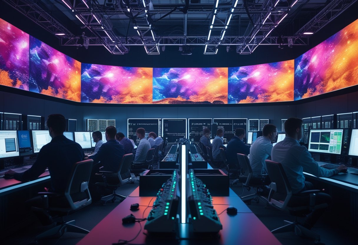 Ruang kontrol modern dengan beberapa dinding video LED besar dan tim teknisi yang mengelola sistem kontrol visual menggunakan panel dan komputer.