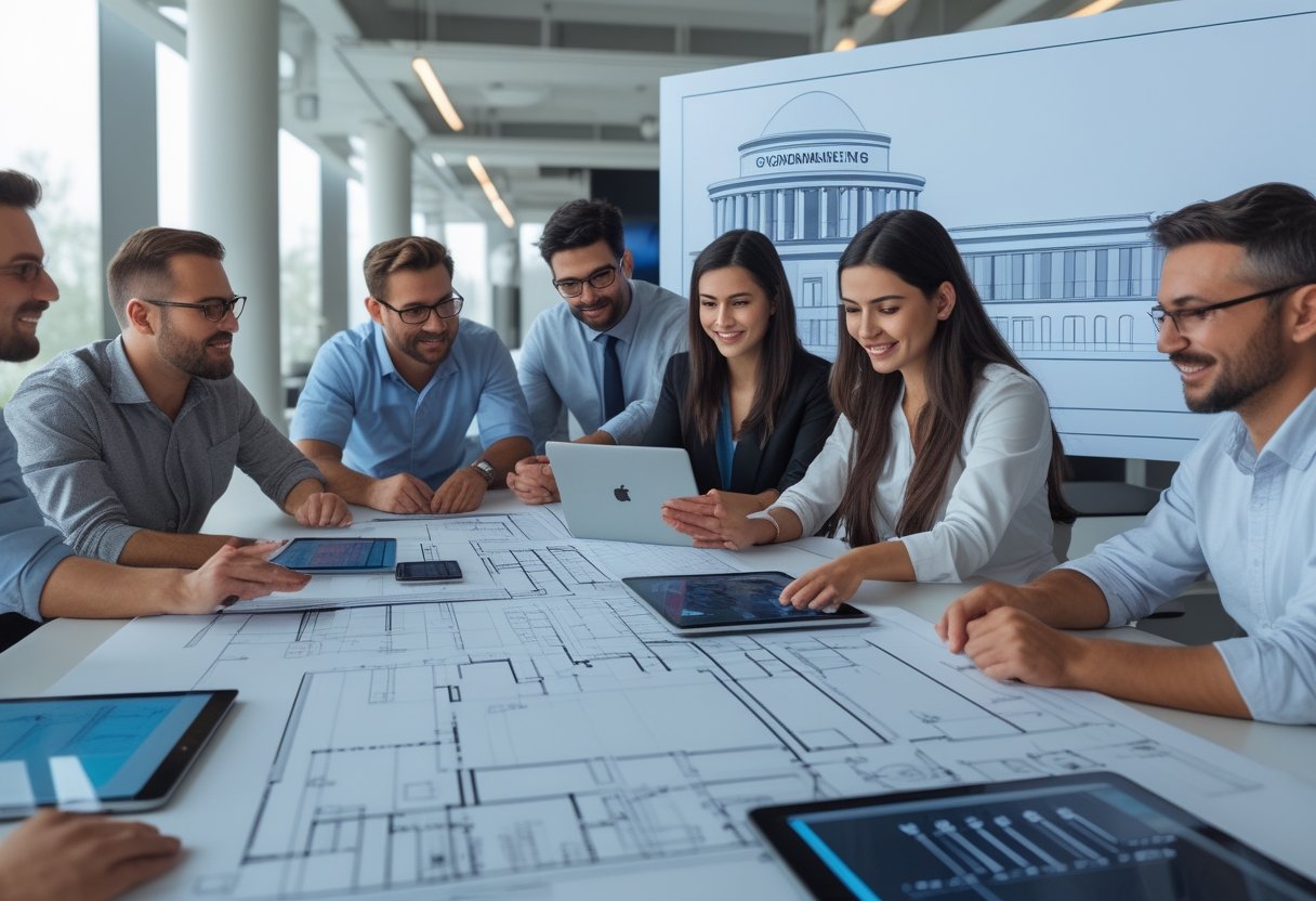 Tim insinyur dan teknisi sedang merencanakan dan memasang lampu LED di gedung pemerintahan dengan menggunakan blueprint dan perangkat digital di ruang kantor.