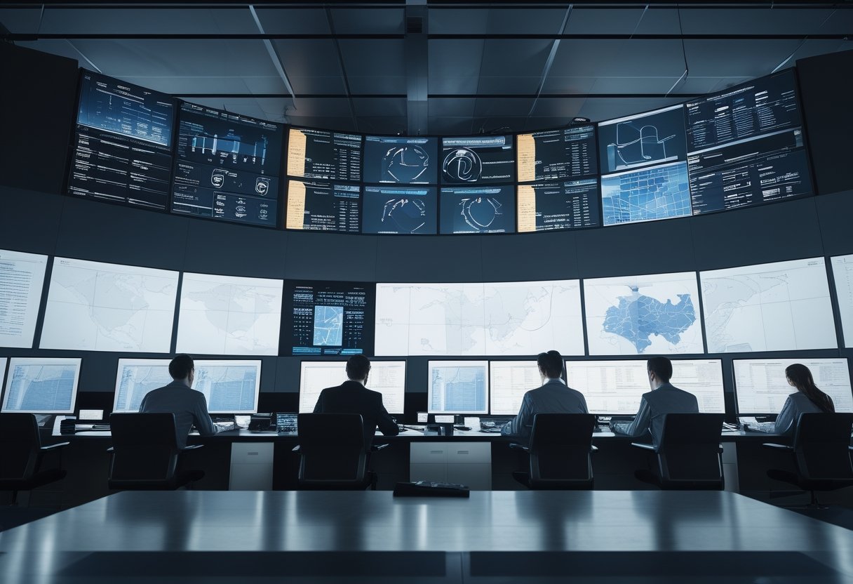 Ruangan command center modern dengan beberapa orang profesional yang sedang memantau layar besar menampilkan data dan peta secara real-time.