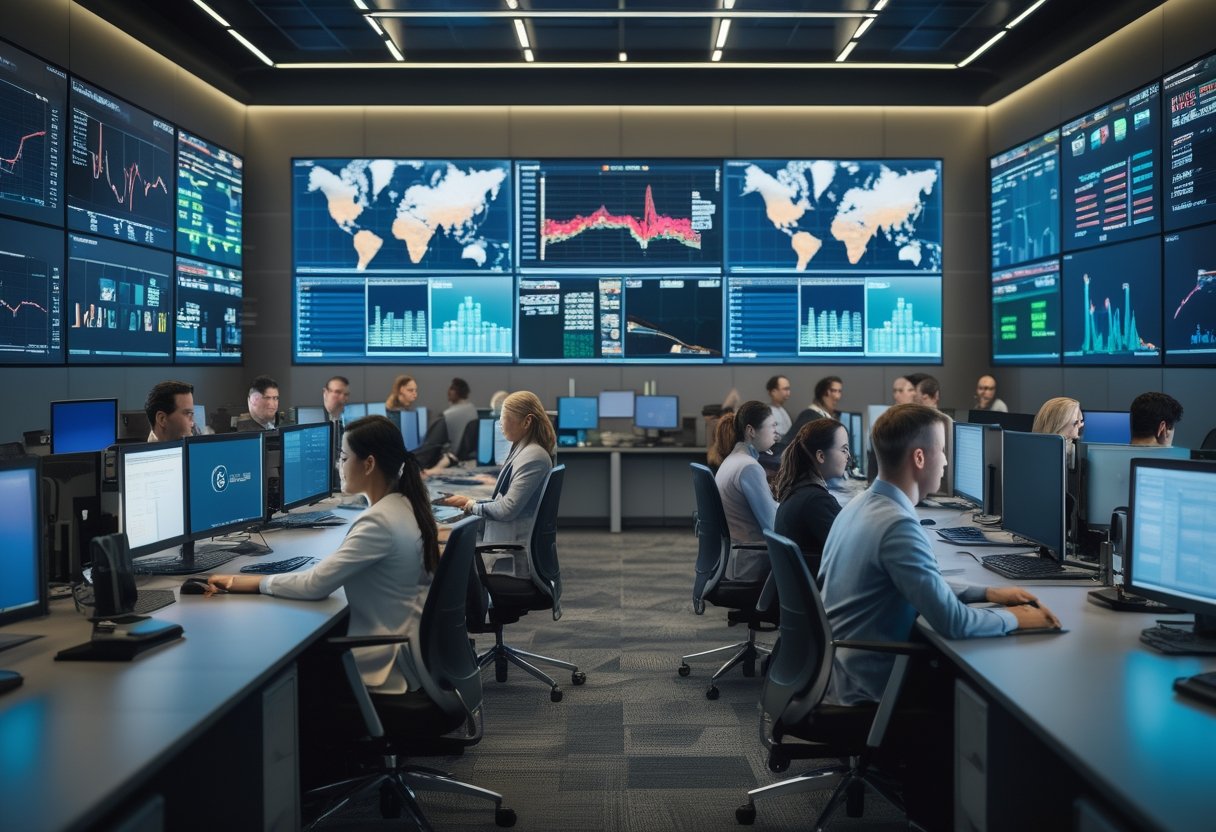 Suasana pusat kendali modern dengan beberapa profesional yang bekerja bersama di depan layar besar menampilkan data dan peta secara real-time.