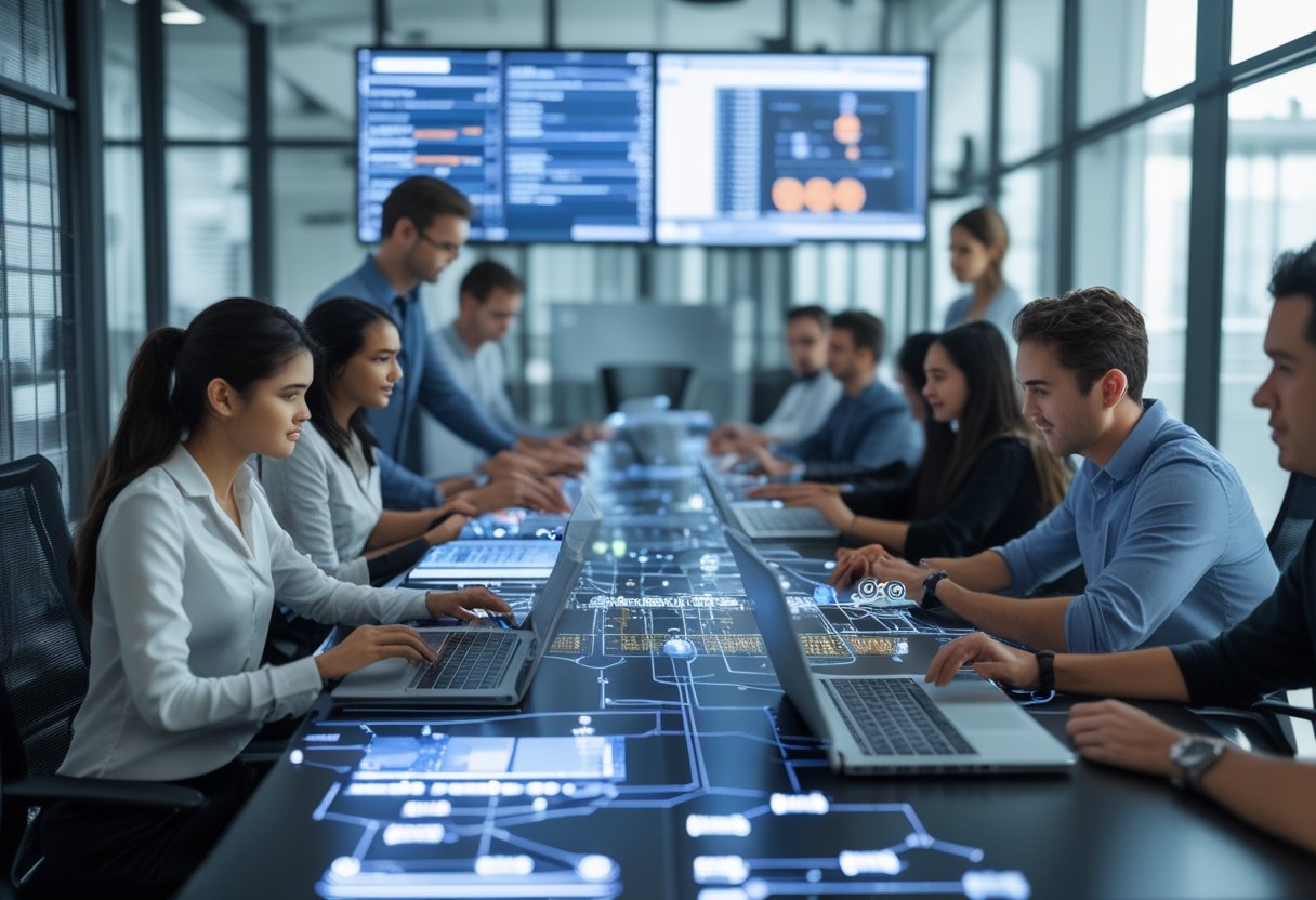 Tim kontraktor IT sedang bekerja bersama di kantor modern dengan laptop dan peralatan jaringan, fokus pada kolaborasi dan teknologi.