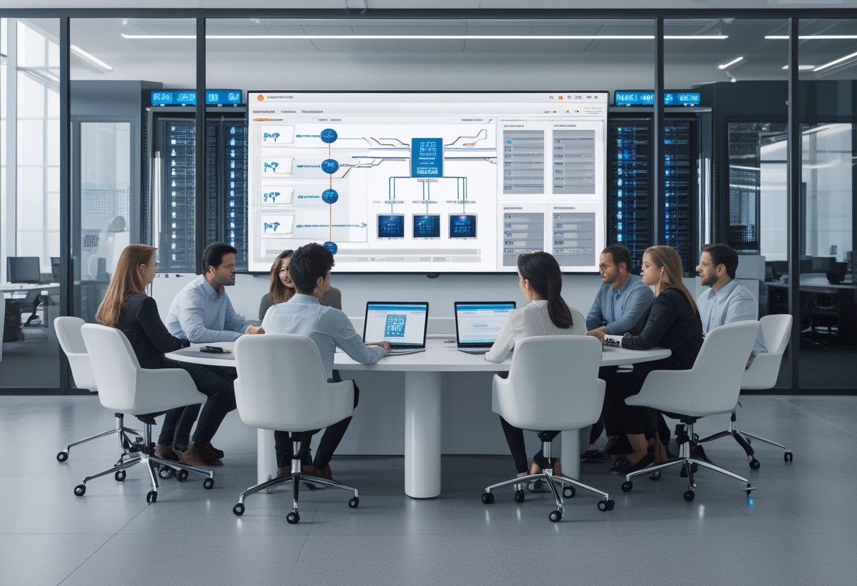 Sekelompok profesional IT bekerja sama di kantor modern dengan perangkat digital dan perangkat jaringan yang terlihat di latar belakang.