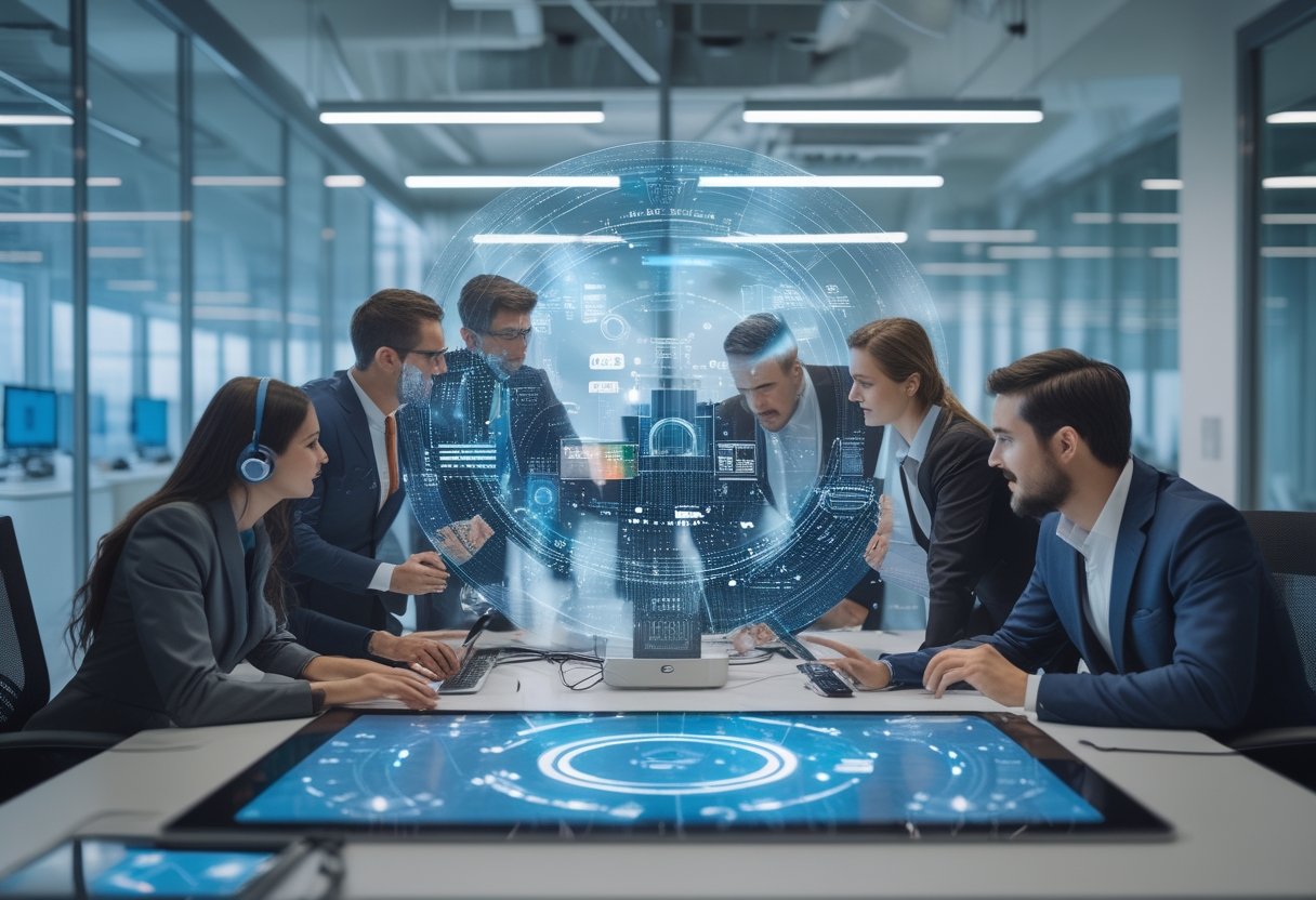 Sejumlah profesional bekerja bersama di kantor modern dengan peralatan audio visual dan teknologi informasi yang terintegrasi.
