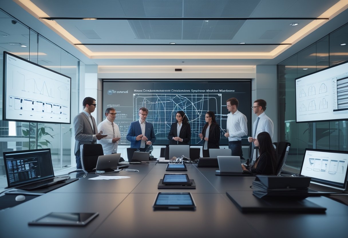 Sekelompok profesional IT bekerja sama di ruang kantor modern dengan perangkat teknologi dan layar yang menampilkan diagram jaringan dan sistem kolaborasi.