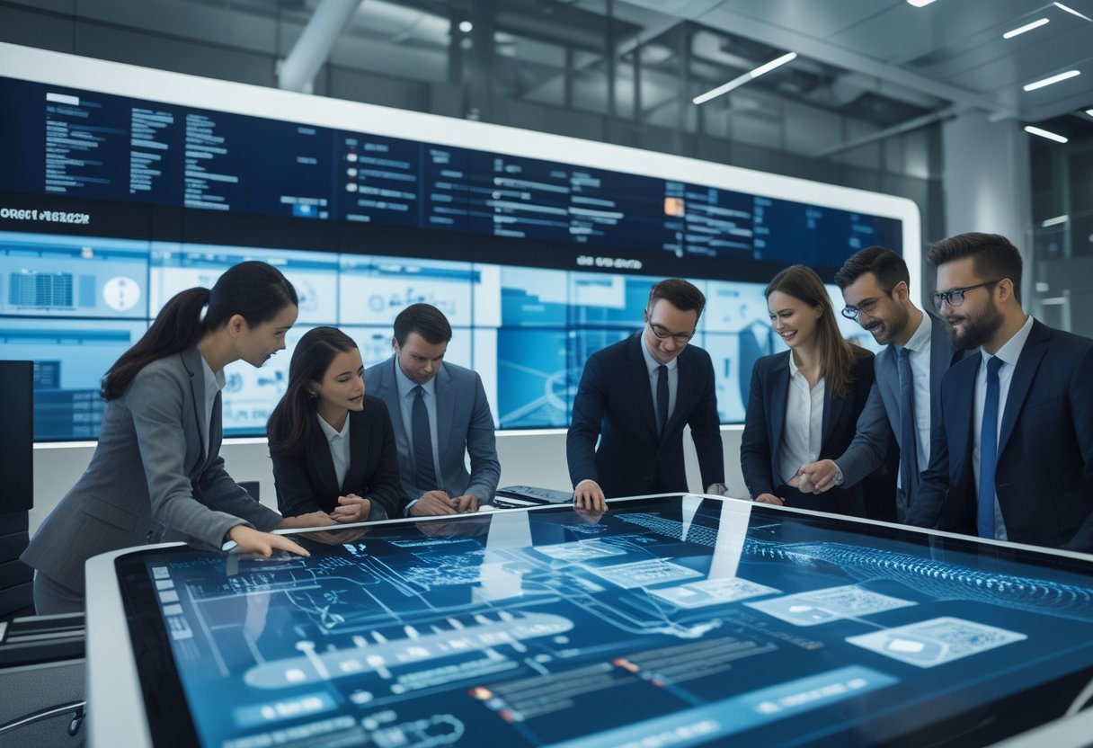 Sekelompok profesional bisnis sedang bekerja bersama di ruang kantor modern dengan layar digital besar dan peralatan teknologi canggih yang menunjukkan integrasi sistem audio visual dan IT.